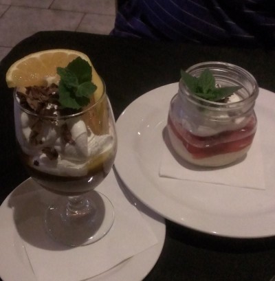 Incredible dessert while out to eat with Bob. Mine was a chocolate orange mousse, his was a pb&j parfait. 